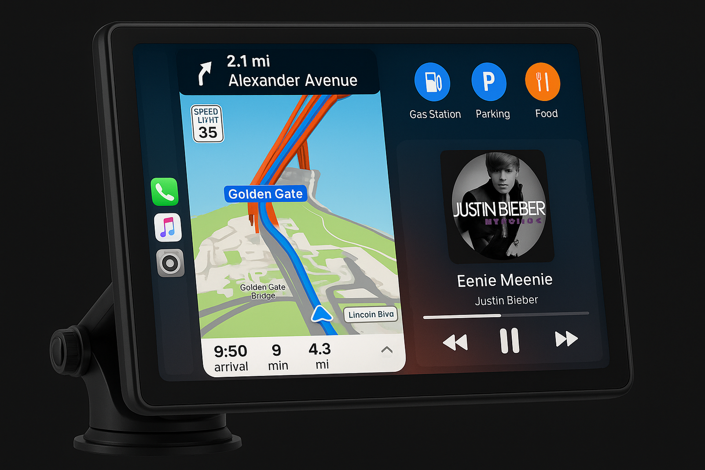 Car navigation system with map and music player interface on a black background